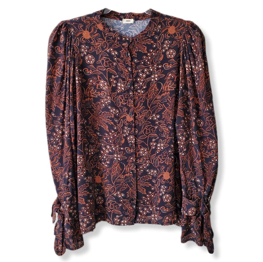 WARM Women Brown Black Puff Sleeve Floral Blouse Top M Cottage Country Boho NEW